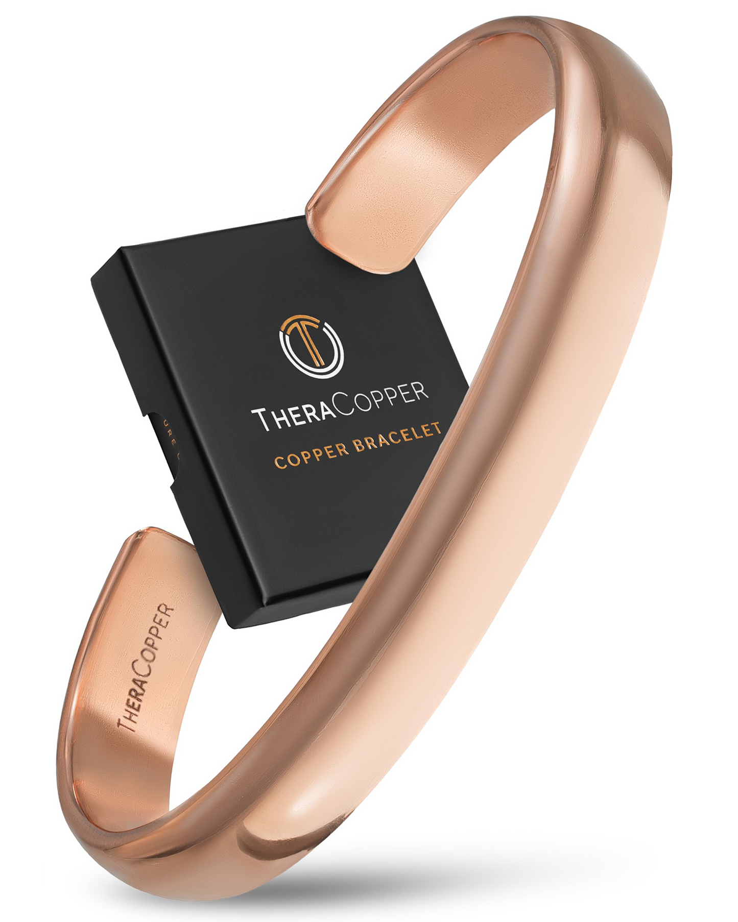 Rose gold copper bracelet with ThermaCopper packaging on a white background